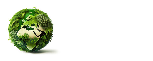 Green earth day on isolated white banner. Care for the environment and ecology. Resources that are sustainable, renewable, and green. Space for copy. Generative AI.