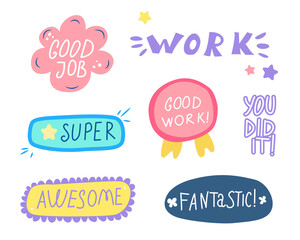 Pack of Motivational Lettering Stickers. Good Job. Vector Illustration.