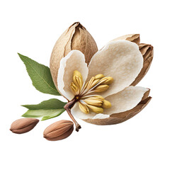 Almond with flower leaves. Generative AI.