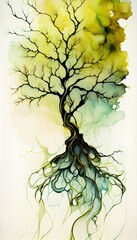 Tree with branches and roots of watercolour and alcohol ink, made with generated ai