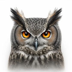 realistic owl head on a white background, generative AI	