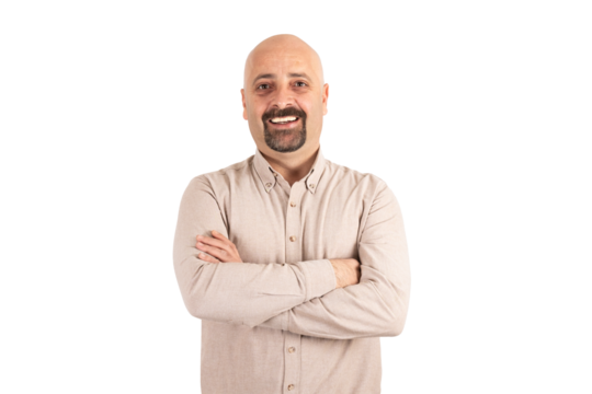 Positive man, transparent png image of smiling handsome positive man. Caucasian guy, casual dress posing isolated white background. Copy space. Cheerful good looking male, arms crossed, looking camera