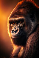 Portrait of a gorilla in the sunset, made with generated ai