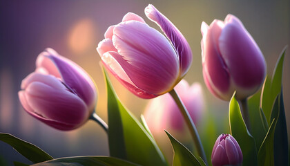 Beautiful realistic pink tulips on a blurry background, Generative AI