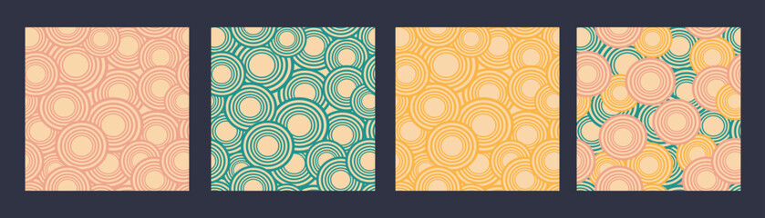 Set of Psychedelic Circles Pattern in Four Pastel Colors. Groovy Circles Seamless Repeat Pattern Design. Perfect for all kinds of Fabric. 70s Trendy Pattern
