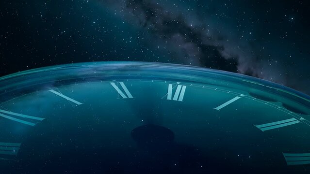 Giant clock measuring the passage of time in a vast, dark empty cosmos space. 4K