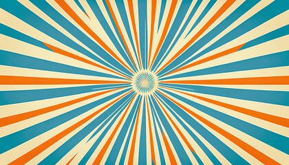 Starburst sunburst background pattern in blue vintage color palette, with orange, red, beige, and peach spiral or swirl radial stripes | AI Generated
