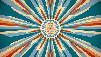 Starburst sunburst background pattern in blue vintage color palette, with orange, red, beige, and peach spiral or swirl radial stripes | AI Generated
