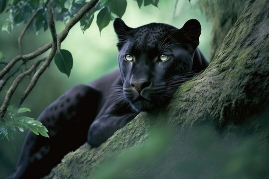 A black panther rests on a rainforest tree. Generative AI