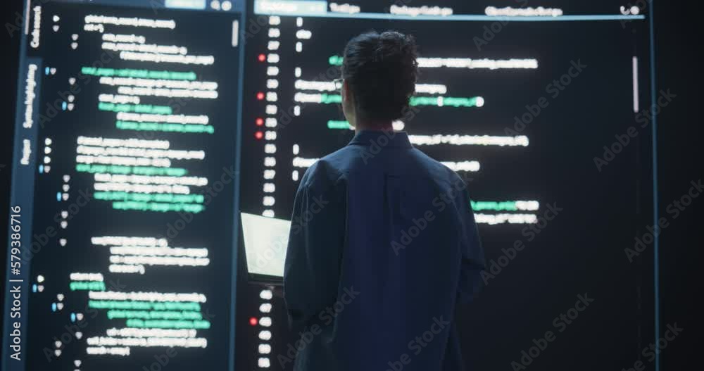 Poster Back View of Woman Creating a Software and Coding, Surrounded by Big Screens Displaying Lines of Programming Language Code. Female Programmer Working in a Monitoring Control Room. Futuristic Concept