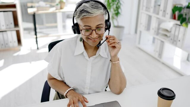 Call center, woman and laptop for customer service, smile and sales receptionist in office. Happy female telemarketing agent working on computer at help desk for, telecom administration, crm and tech