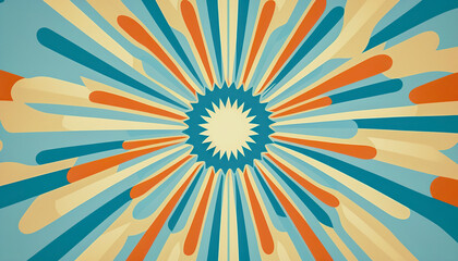 Starburst sunburst background pattern in blue vintage color palette, with orange, red, beige, and peach spiral or swirl radial stripes | AI Generated 