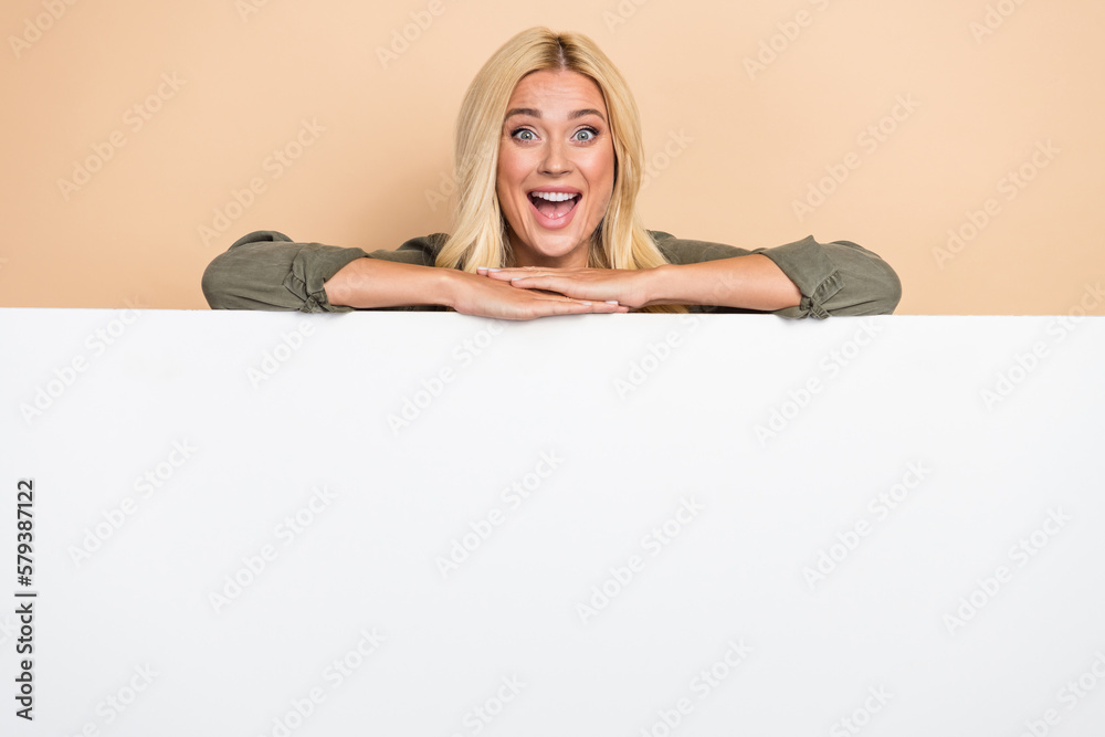 Poster Photo of impressed funny woman wear khaki shirt holding hands arms white placard empty space isolated beige color background