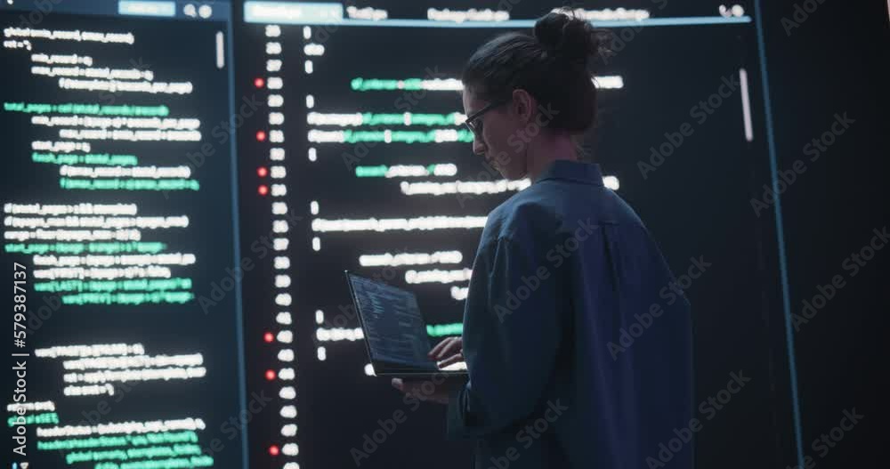 Aufkleber Female Developer Thinking and Typing on Computer, Surrounded by Big Screens Showing Coding Language. Professional Programmer Creating Software, Running Coding Tests. Futuristic Concept of Programming