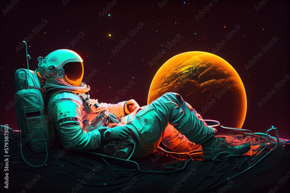 Canvas Prints astronaut resting on the neon planet. generative ai