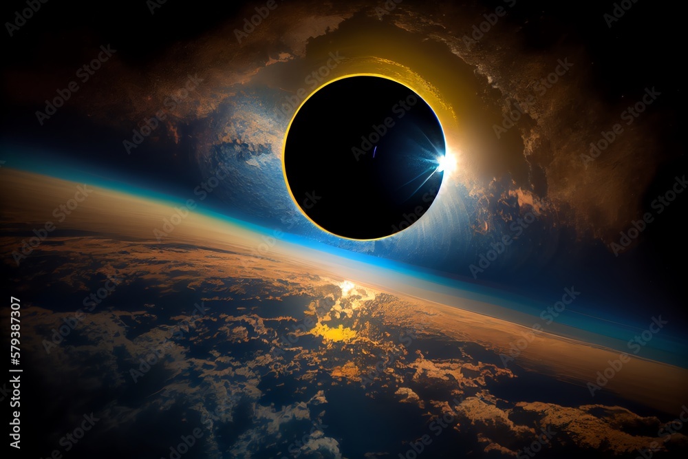 Wall mural a total solar eclipse seen from space. generative ai