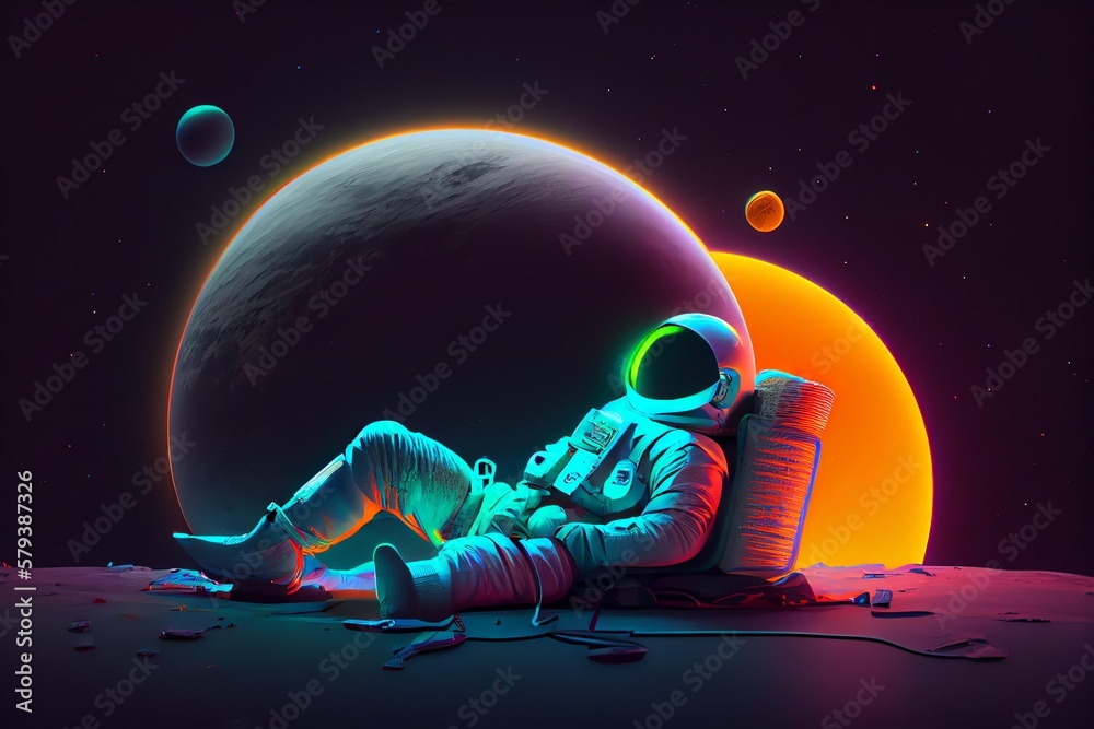 Canvas Prints astronaut resting on the neon planet. generative ai