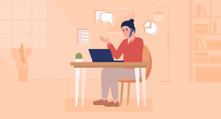 Telephone sales representative flat color vector illustration. Salesperson reaching potential customers with calls. Hero image. Fully editable 2D simple cartoon character with office on background