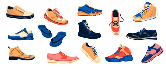 Mens shoes collection. Fashionable male sneakers athletic footgear casual and formal boots cartoon flat style, trendy pairs of footwear. Vector isolated set - obrazy, fototapety, plakaty