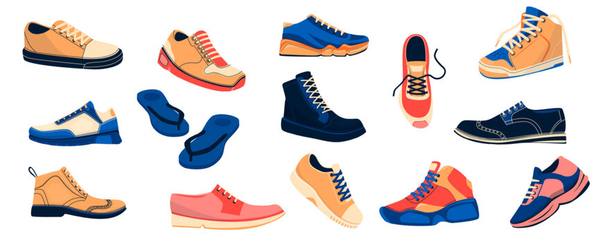Mens shoes collection. Fashionable male sneakers athletic footgear casual and formal boots cartoon flat style, trendy pairs of footwear. Vector isolated set