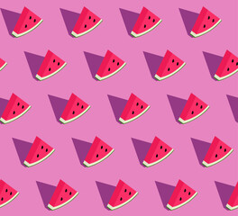 Seamless pattern with 3d slice of watermelon on pink background. Vector texture with volumetric pieces of fruit for wallpaper. Summer illustration