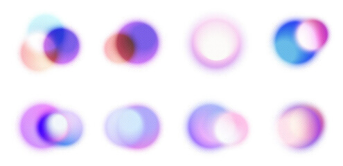 Vector set of colorful abstract blurred halftone circles. Bright gradient spot with blur. Screen print raster. Pop art. Isolated template with dots. Glare illustration