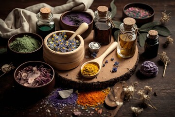 Naklejka na ściany i meble Herbal components in cosmetics perspective from on high wood as a setting. A smattering of dried holistic flowers, salt, oil infused with massage herbs, an aroma dropper, and a spoon. Generative AI