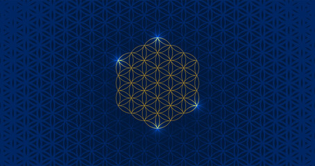 Vector seamless pattern with flower of life. Repeating geometric background with sacred geometry. Blue gradient texture for web site backdrop, wallpaper, textile, fabric