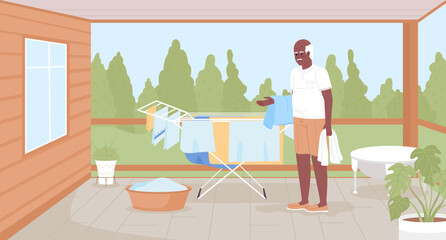 Drying towels outside to reduce electricity bills flat color vector illustration. Elderly man with wet clothes. Hero image. Fully editable 2D simple cartoon character with backyard patio on background