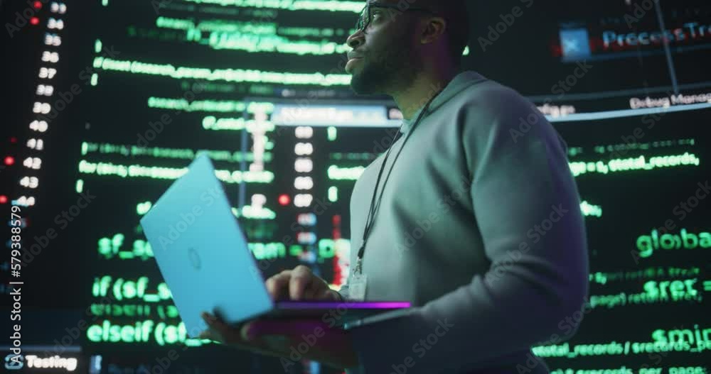 Poster Portrait of Young Black Man Working on Laptop Computer, Looking at Big Digital Screens Glitching While Displaying Code Lines. Professional Programmer Fixing a Bug, Dealing with Crashing System