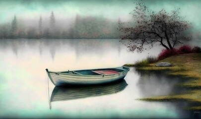  a painting of a boat on a lake with a tree in the background.  generative ai