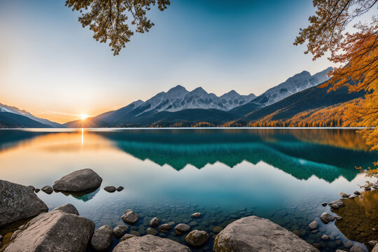 Breathtaking Scenery: A Majestic Lake Surrounded by Mountains and Trees