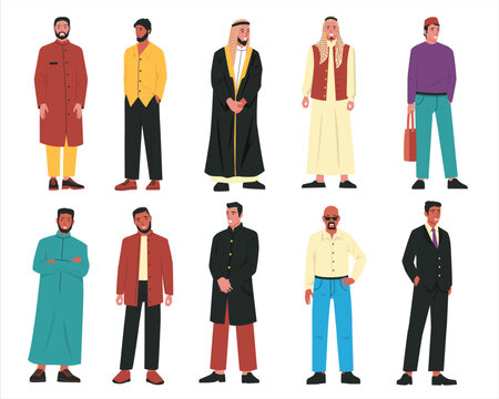 Muslim men. Modern arabic male characters wearing traditional arab clothes and stylish casual outfits, portraits of islamic people. Vector cartoon set
