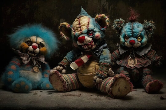 Scary clowns zombie teddy bears, concept of Horror and Toy Monstrosities, created with Generative AI technology