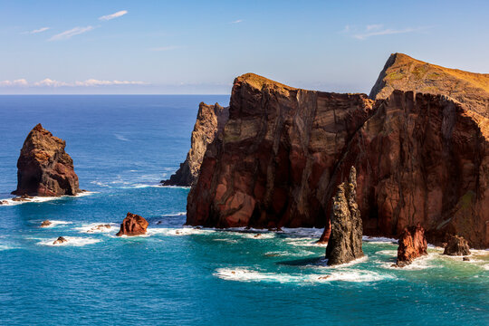 View from Ponta do Rosto on the Ponta de Sao Lourenco peninsular, a popular lookout offering views of the jagged coastline and offshore rock formations at the eastern tip of Madeira.	