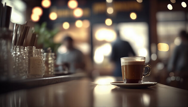 Blurred and unfocused coffee shop background, Generative AI