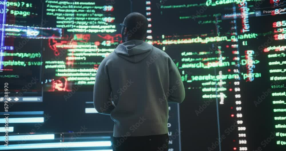Fototapete Back View of Young Black Man Looking and Walking Towards a Big Digital Screens Glitching While Displaying Code Lines. Worried Professional Programmer Fixing a Bug, Dealing with Crashing System