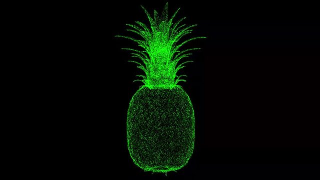 3D pineapple rotates on black bg. Object dissolved green flickering particles 60 FPS. Business advertising backdrop. Science concept. For title, text, presentation. 3D animation.