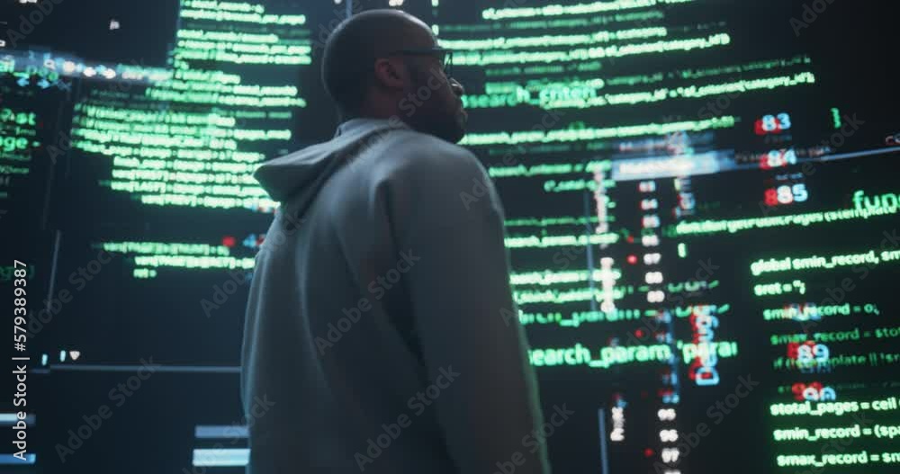 Poster Back View of Young Black Man Looking at Big Digital Screens Glitching While Displaying Code Lines. Worried Professional Programmer Fixing a Bug, Dealing with Crashing System, Ensuring Cybersecurity