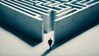 businessman walking in labyrinth cement wall to success way and finding solution, how to success and pass obstacles in business concept, Generative AI