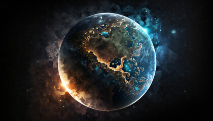 Fototapeta na wymiar Planet similar to Earth in space - Space wallpaper - Generative AI