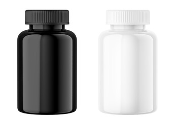 Black white vitamin pills bottle mockup set. PNG plastic jar isolated on transparent background. Medicine container package template. Nutritional supplements realistic 3d render. Product presentation