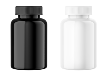 Black white vitamin pills bottle mockup set. PNG plastic jar isolated on transparent background. Medicine container package template. Nutritional supplements realistic 3d render. Product presentation