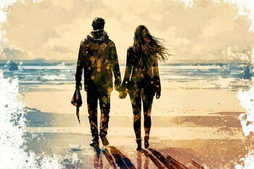 Naklejka premium A couple in love and hugging on the beach holding hands. AI generativ.