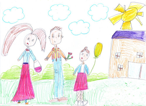 Child drawing of a happy family on a walk outdoors