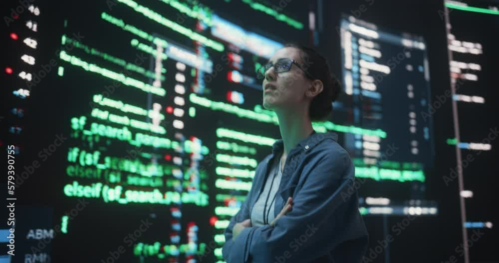 Aufkleber Portrait of Young Woman Looking at Big Digital Screens Glitching While Displaying Code Lines. Worried Professional Programmer Trying to Fix a Bug, Dealing with Crashing System, Thinking of Solutions