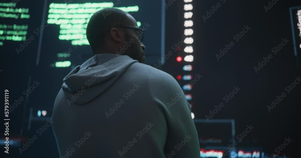 Leinwandbilder Portrait of Worried Professional Programmer Fixing a Bug, Dealing with Crashing System. Young Black Man Looking at Big Digital Screens Glitching While Displaying Code Lines, Thinking of Solutions