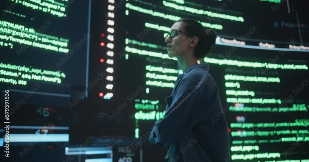 Poster Portrait of Young Woman Looking at Big Digital Screens Glitching While Displaying Code Lines. Worried Professional Programmer Trying to Fix a Bug, Dealing with Crashing System, Thinking of Solutions