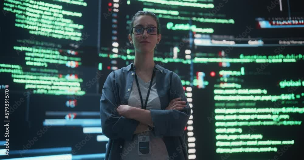 Poster Portrait of Woman Looking at Camera and Crossing Arms With Big Digital Screens Glitching in the Background. Professional Female Hacker Posing after Breaking Through Cybersecurity Protection System