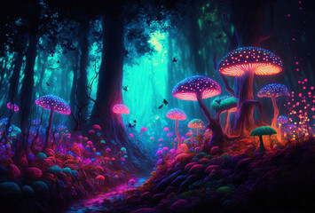 Obraz na płótnie Canvas A fairytale forest, a surreal, mystical landscape. The dark trees are illuminated by multicolored psychedelic neon light. A mysterious path through the thicket. 3D rendering. AI generated.